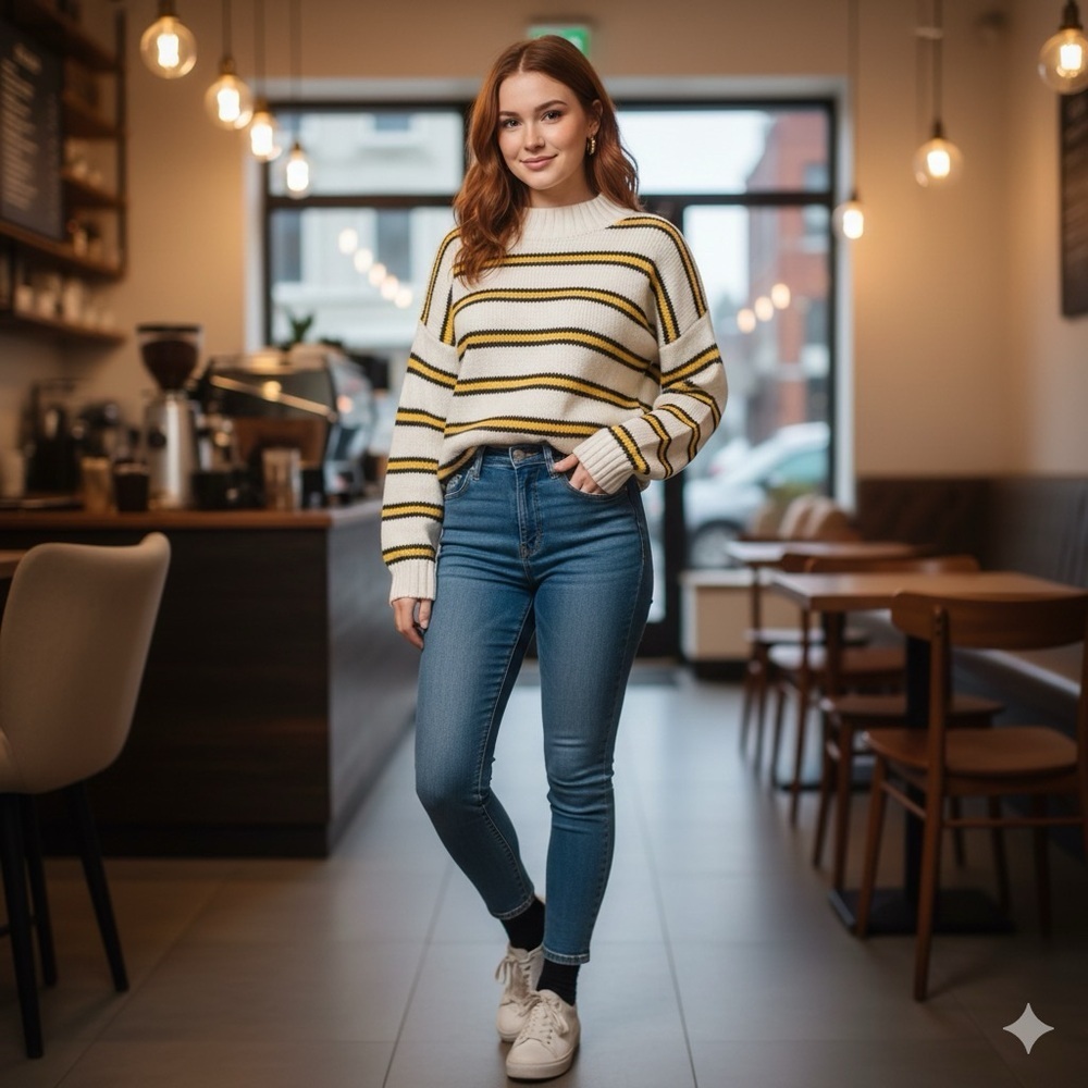 Ardene Cozy Cream Yellow Black Striped Mock  Neck‎ Sweater L/ Academia / Preppy